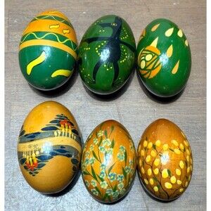 6 Vtg Hand Painted Solid Wood Eggs folk art boho Easter Decor (lot C) 2.25”-2.5”